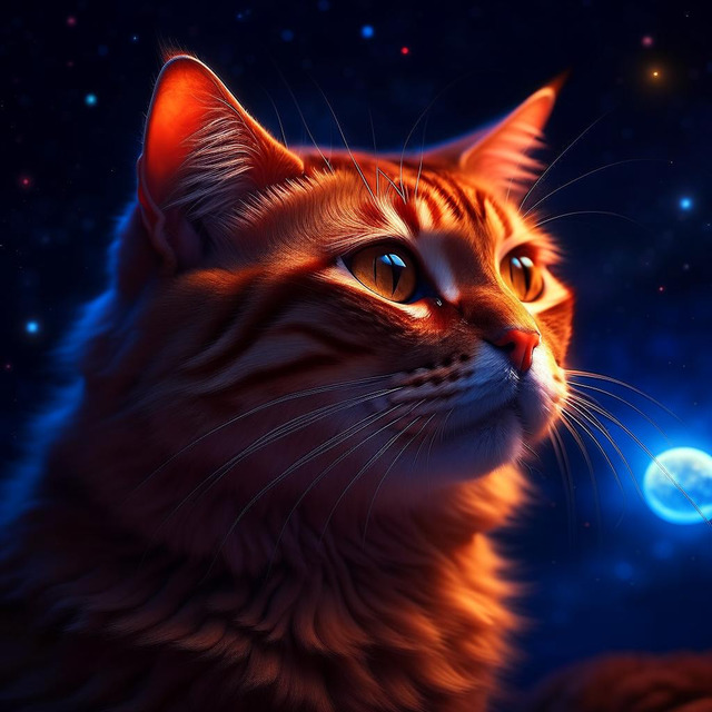 Рыжий кот на фоне звездного неба. Нейросеть Kandinsky 2.2.