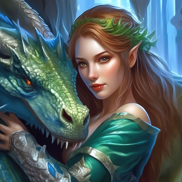 Эльфийка в зеленом платье обнимает дракона. Нейросеть Шедеврум.