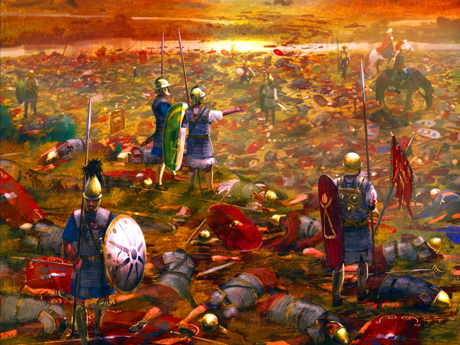 ​Карфагенские воины бродят по полю битвы, усеянному телами погибших римских легионеров. Несмотря на многие победы Карфагена, в итоге «поле боя» осталось за Римом - От тартессийцев до римлян | Warspot.ru