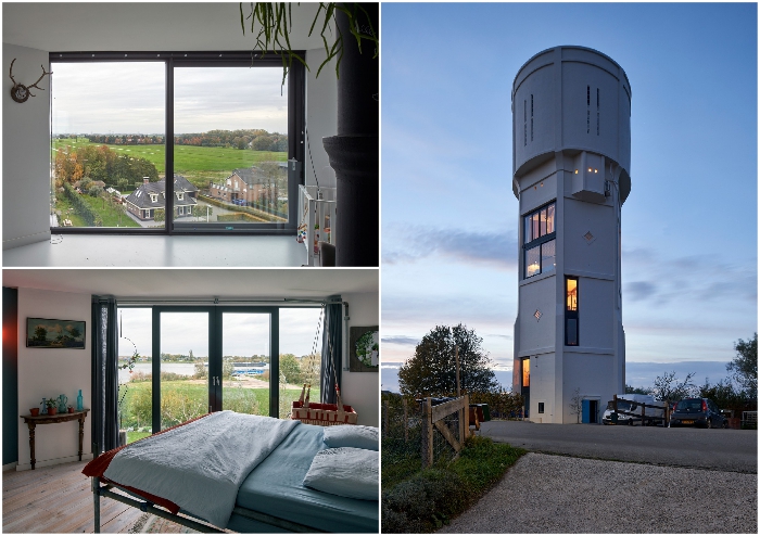 Огромные окна от пола до пола дают возможность любоваться колоритным голландским пейзажем (Watertower Nieuw Lekkerland, Нидерланды).