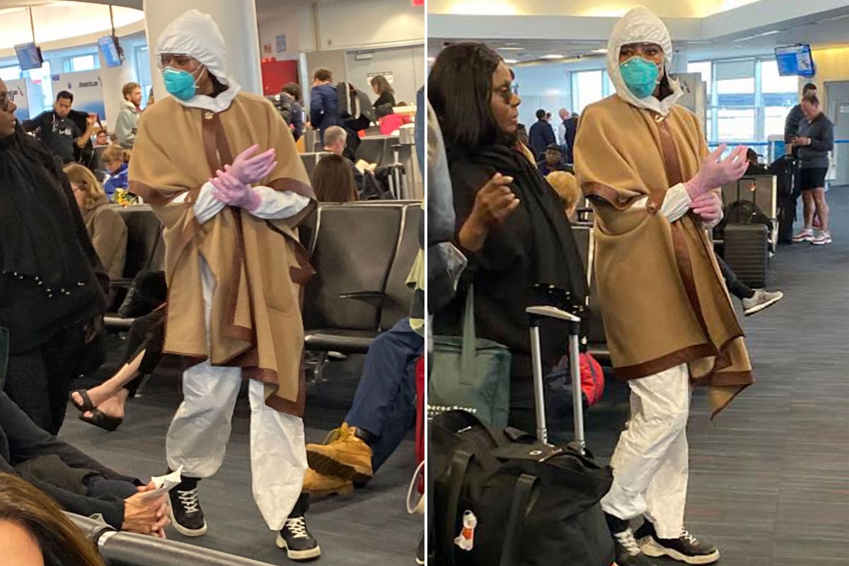 Наоми Кемпбелл показала как надо летать: приехала в аэропорт в костюме полной химзащиты Культура