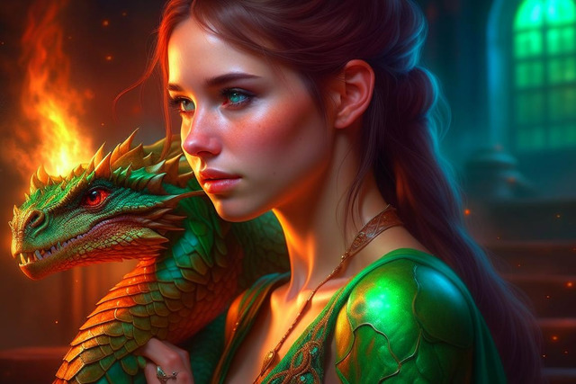 Эльфийка в зеленом платье обнимает дракона. Нейросеть Kandinsky 2.2..