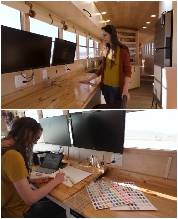 Полноценное рабочее место Эмили находится рядом с кухней (Aurora the Adventure Bus, США).