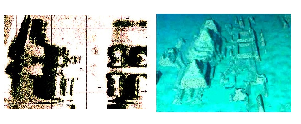 Слева — данные сонара, полученные при изучении области дна, впоследствии получившей название «Кубинский подводный город». Справа — компьютерное моделирование на их основе. Большинство океанологов склоняются к мнению, что это просто причудливо выглядящие естественные образования / ©Keith Fitzpatrick-Matthews | Badarcheology
