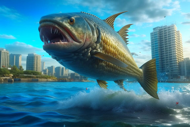 Огромная рыба нападает на город. Нейросеть Kandinsky 2.2..