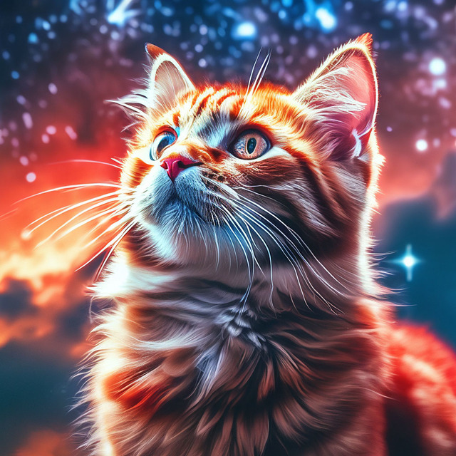 Рыжий кот на фоне звездного неба. Нейросеть Шедеврум.