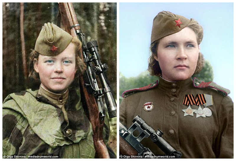 Снайперы Надежда Никитична Колесникова (слева) и Любовь Михайловна Макарова (справа) женщины СССР, колоризация, колоризированные снимки, раскрашенные, снайперы