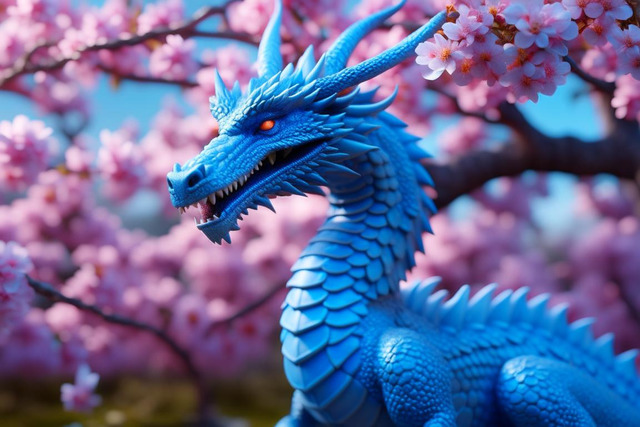 Голубой дракон на фоне сакуры. Нейросеть Kandinsky 2.2.