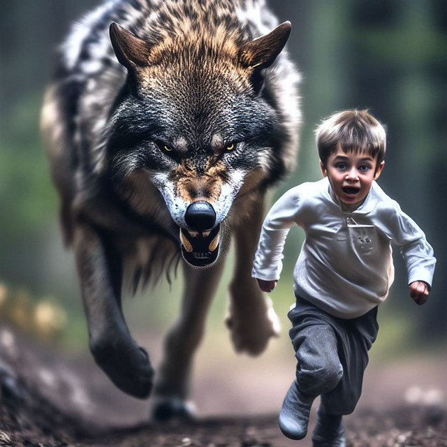 Мальчик убегает от огромного свирепого волка. Нейросеть Шедеврум.