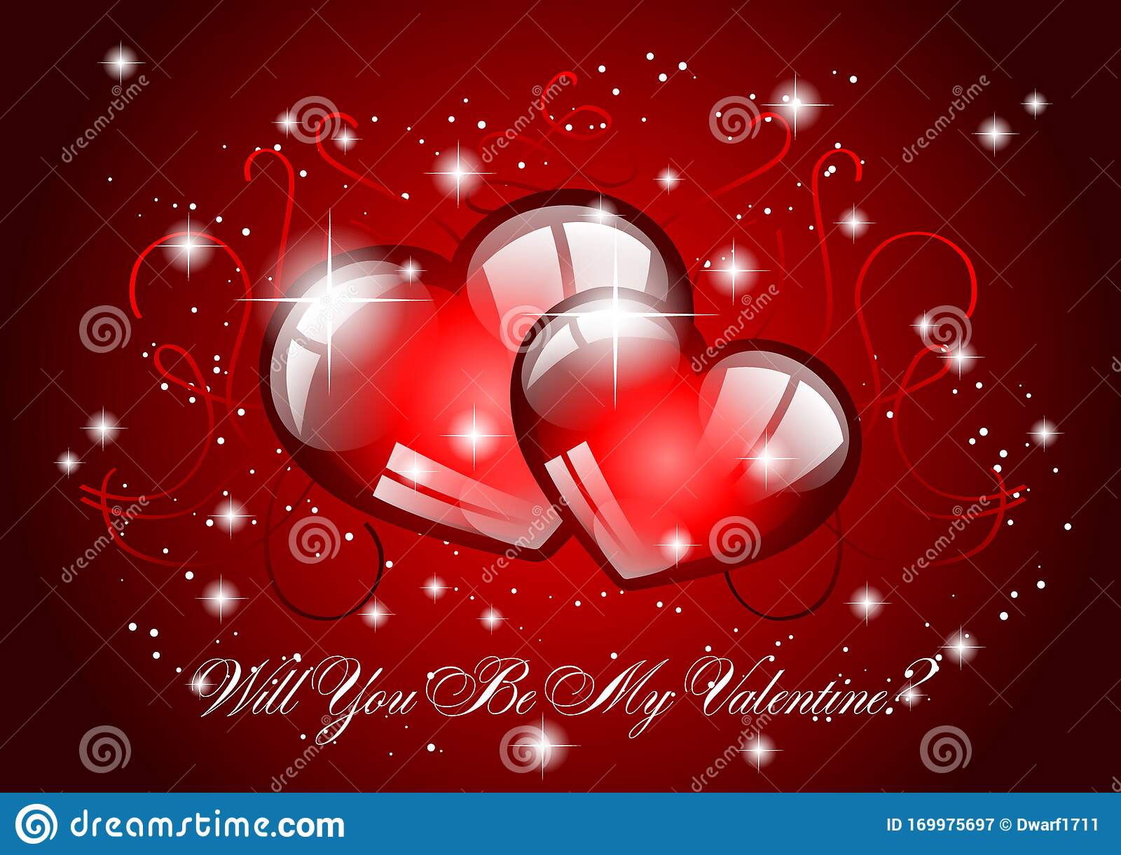 Will You Be My Valentine cute card, banner, flyer, poster, voucher or greeting card template with couple of hearts and stars on red background. 