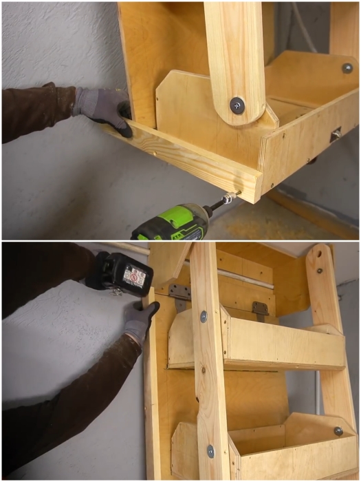 Закрепление боковых бортиков на торцах стенда и нижнего ящика. | Фото: youtube.com/ © Men's Craft.