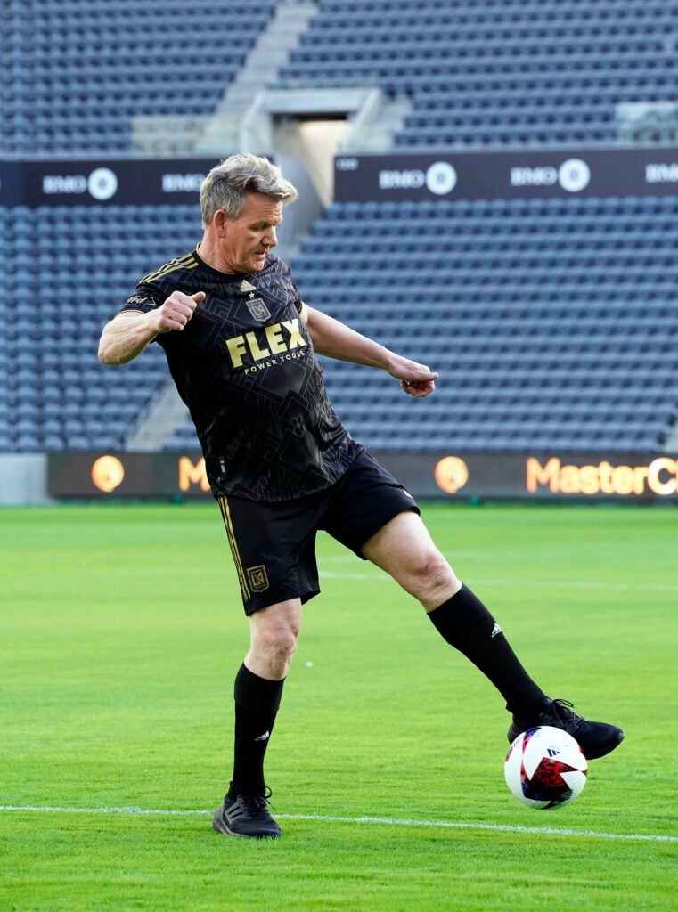 Gordon Ramsay dons a soccer uniform and shows off his skills.