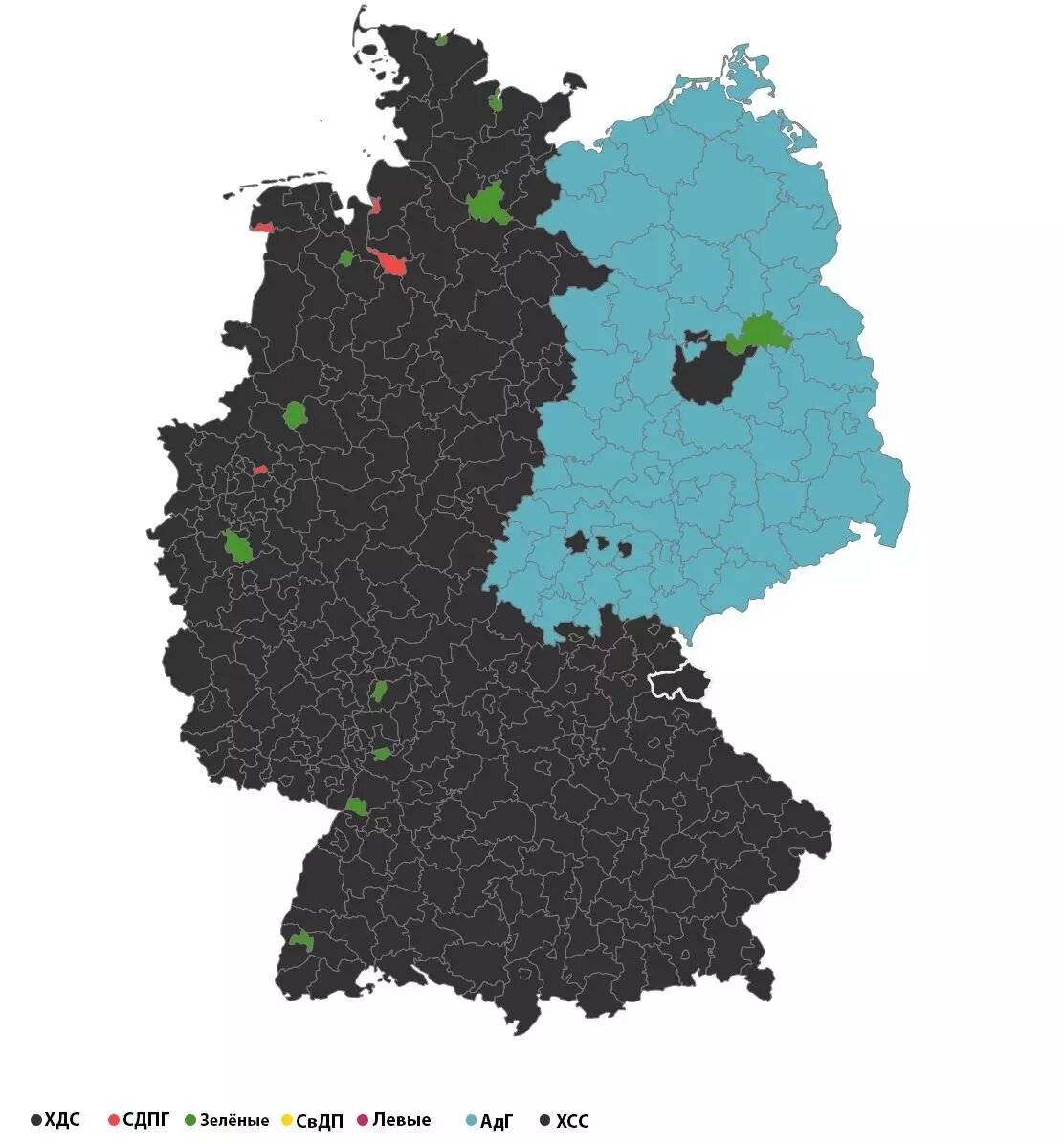 Черным цветом выделена территория Западной Германии, где голосовали в основном за блок ХДС/ХСС, а голубым — бывшей ГДР, где предпочли националистов. Фото: BILD