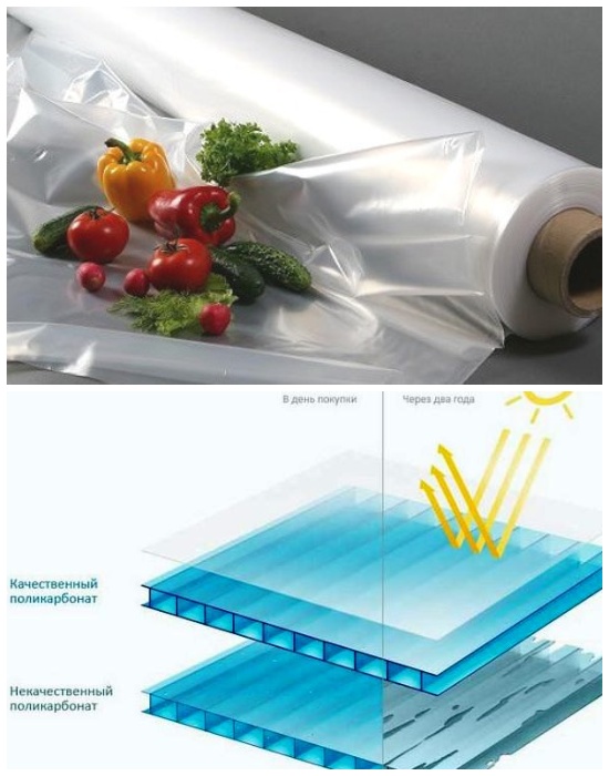 Полиэтиленовая пленка и поликарбонат – идеальный светопрозрачный укрывной материал для большинства конструкций теплиц. 