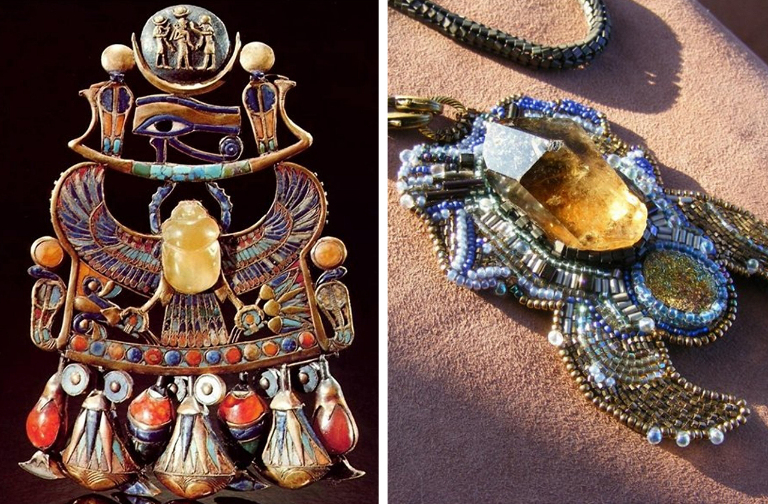 Ожерелье фараона Тутанхамона (слева). Современная подвеска с ливийским стеклом (справа)