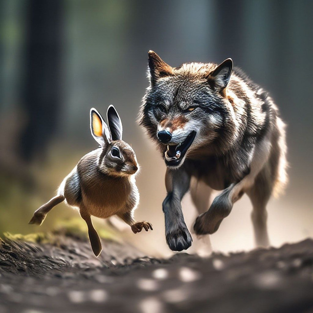 Заяц убегает от огромного свирепого волка. Нейросеть Шедеврум.