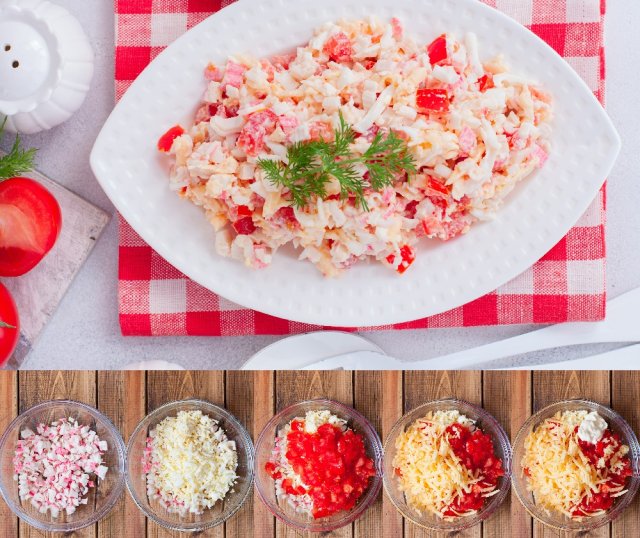 Салат красное море с томатами и крабовыми палочками простой рецепт с фото