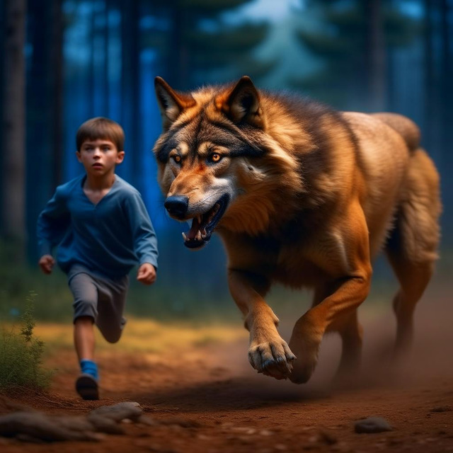 Мальчик убегает от огромного свирепого волка. Нейросеть Kandindky 2.2.