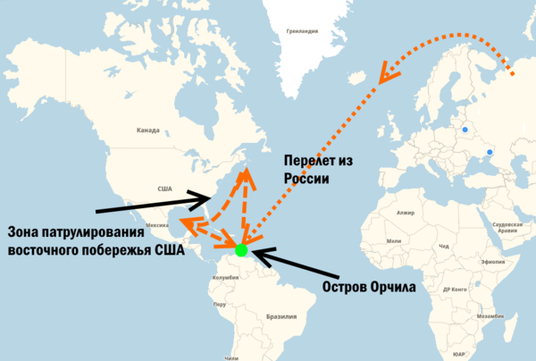 Схема работы Ту-160 при патрулировании границ США с использованием ВПП Орчилы