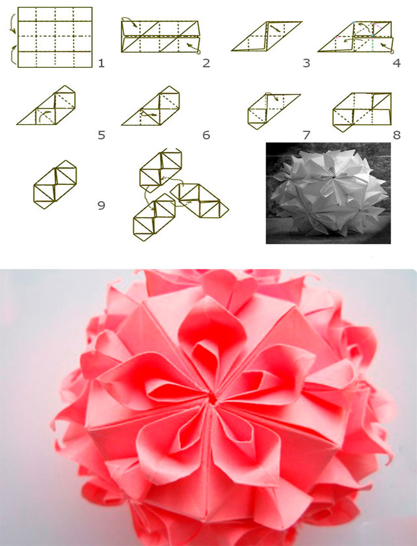 Шары кусудама из бумаги для начинающих, пошаговые схемы (2/2) заготовку, полосу, затем, бумаги, белых, середины, элементы, скрепляющие, вверх, правый, белую, левый, чтобы, таким, сложите, между, розочки, данное, каждой, согните