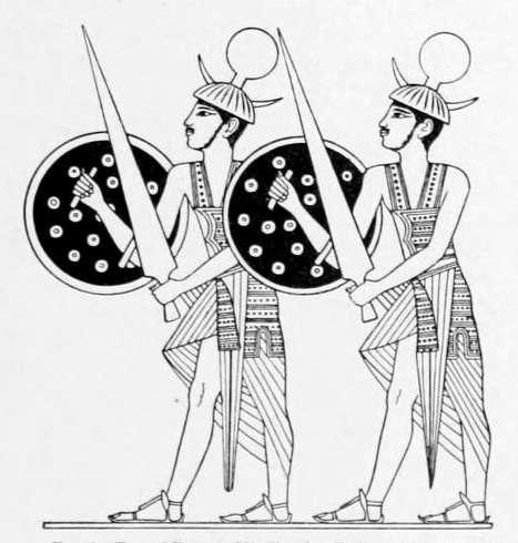 Изображение шерданов у Джеймса Генри Брэстеда. Видны характерные шлемы шерданов — с рогами и круглым набалдашником сверху. 