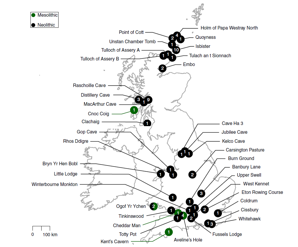 Археологические памятники Британии, откуда взяты образцы RNA. Зелёные — мезолит, чёрные — неолит