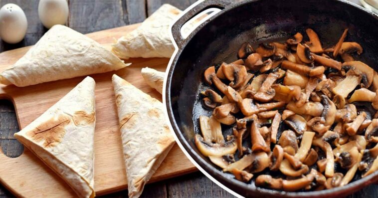 Идеальный перекус за 15 минут: румяные конвертики из лаваша с грибами