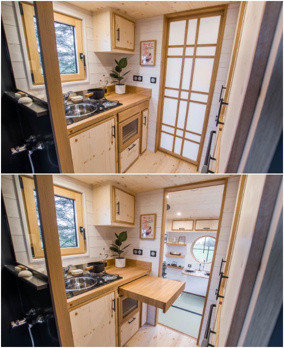 Миниатюрный мобильный домик, оформленный в японском стиле домик, Bonzai, чтобы, колесах, японской, можно, имеется, также, гостиной, японском, которая, значительную, Жослен, максимально, стиле, Baluchon, пространства, жизнь, домов, которое