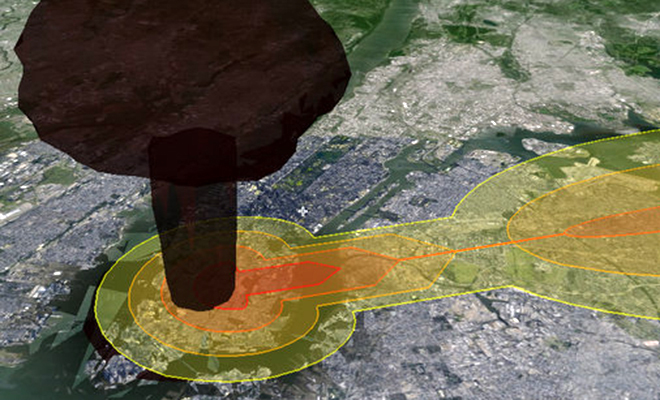 Ядерные взрывы от разных типов оружия наложили на карты городов и показали, какого размера могут они быть: видео