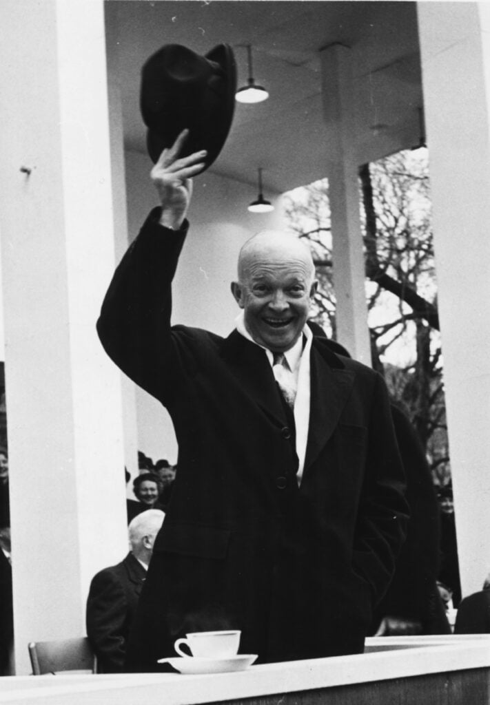President Eisenhower raising his hat with a smile, at his second Presidential Inauguration in Washington DC, January 21st 1957.