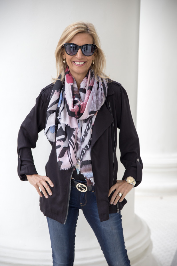 New Floral Stripe T Shirt and Black Rayon Belted Moto Jacket close up