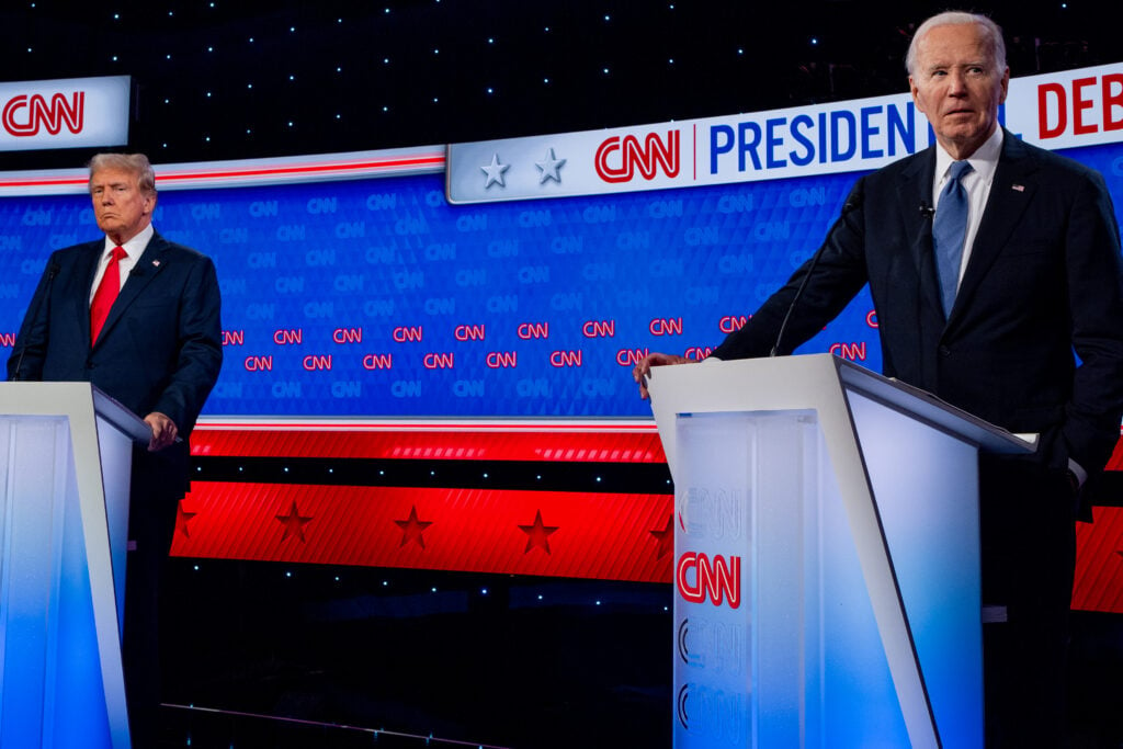 U.S. President Joe Biden and Republican presidential candidate, former President Donald Trump participate in the CNN Presidential Debate at the CNN Studios on June 27, 2024 in Atlanta, Georgia. The debate is the first of two scheduled between the two candidates before the November election. 
