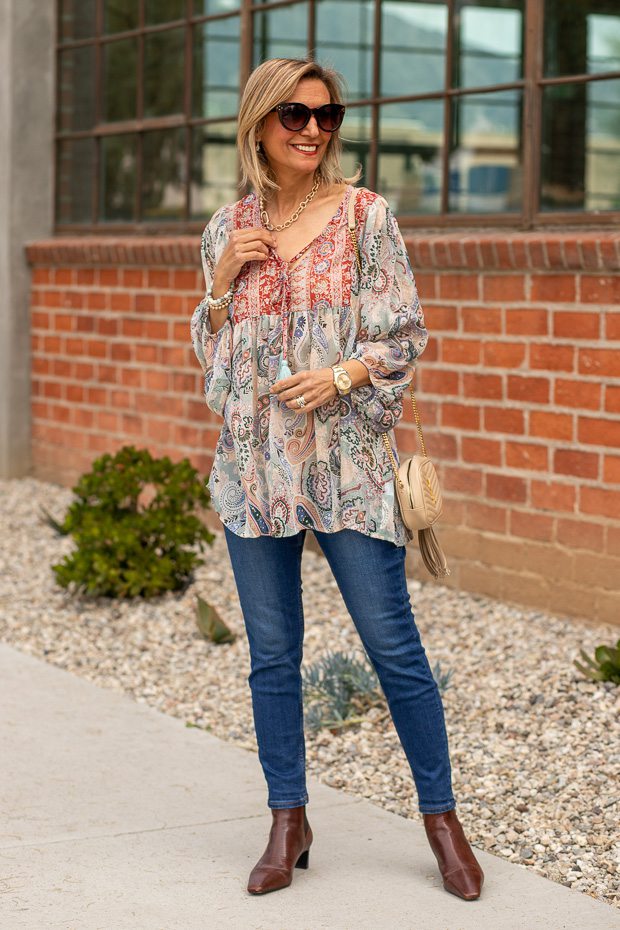 Nutmeg Cardigan style with womens boho paisley floral peasant blouse
