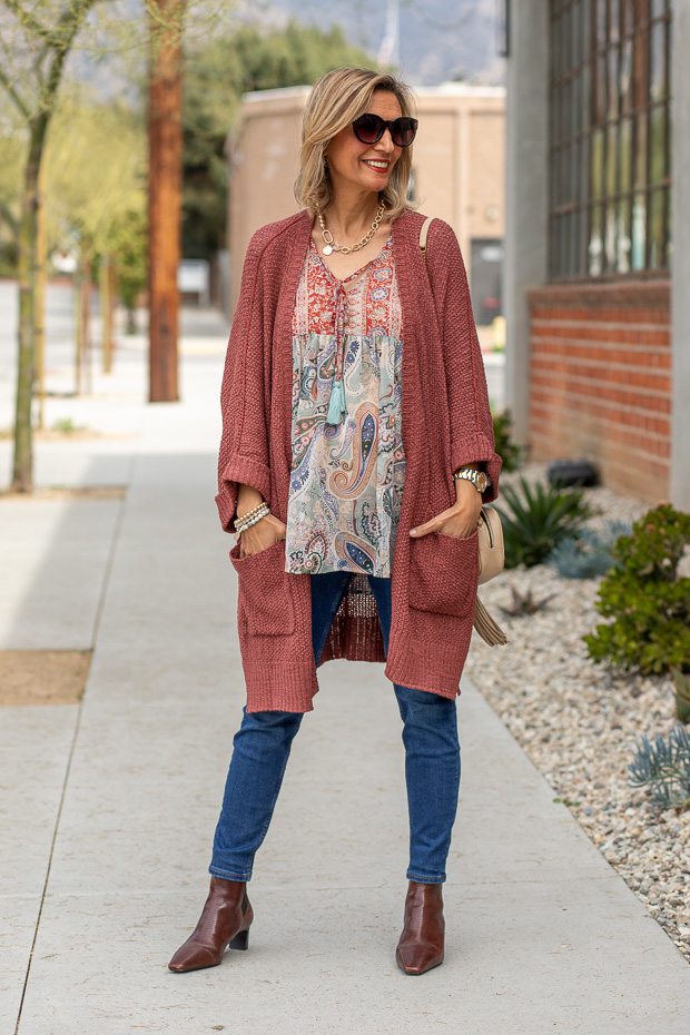 Nutmeg Cardigan style with womens boho paisley floral peasant blouse