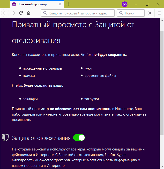 Вид приватного окна в Mozilla Firefox.