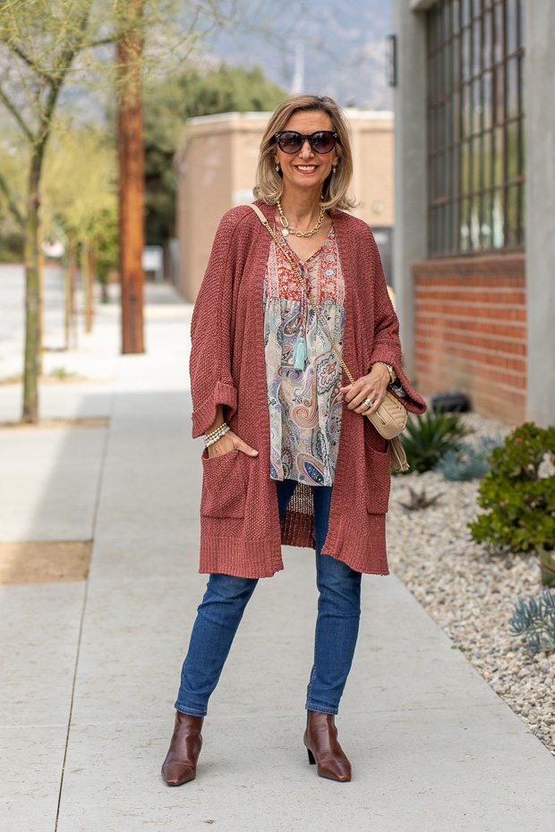Nutmeg Cardigan style with womens boho paisley floral peasant blouse