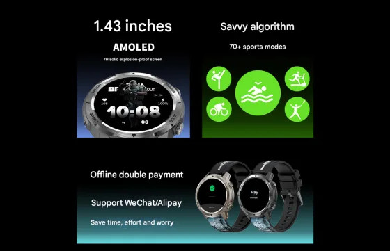 1,43" AMOLED, 70 видов тренировок и до 20 дней автономности