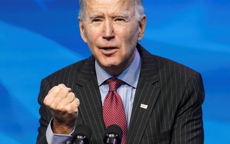 U.S. President-elect Joe Biden speaks as he announces members of economics and jobs team at his transition headquarters in Wilmington, Delaware, U.S., January 8, 2021. REUTERS/Kevin Lamarque