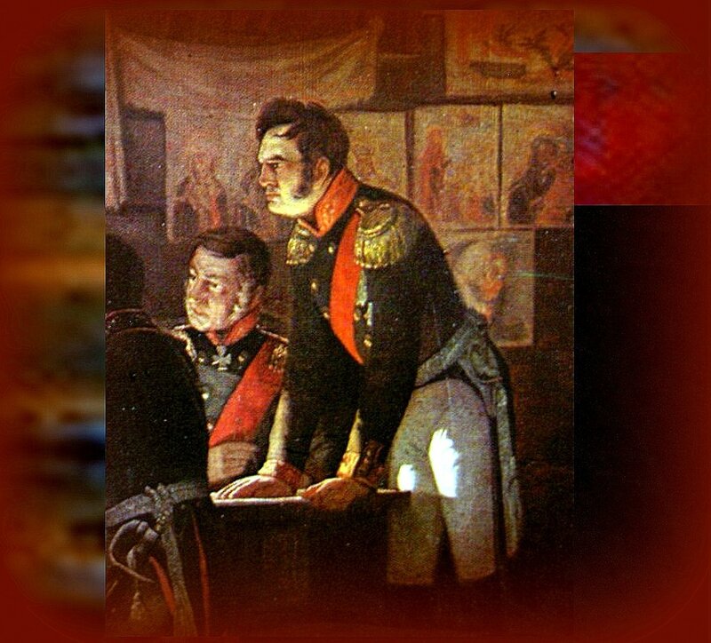 Напряжённость момента. Генерал А.П.Ермолов, изображён в профиль, стоящим... Фрагмент картины А. Кившенко Военный совет в Филях (1880) Kutuzov fili .jpg