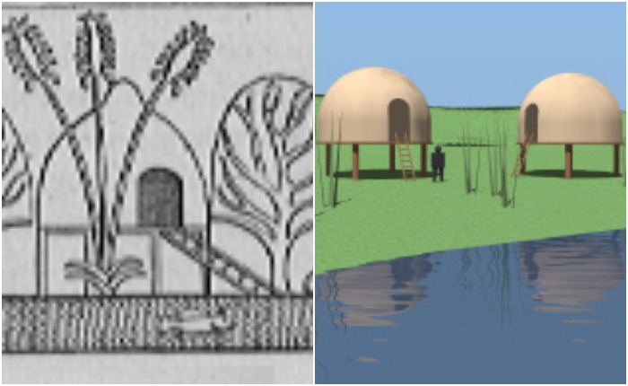 Рисунок древнеегипетского рельефа и современное изображение хижин Пунта