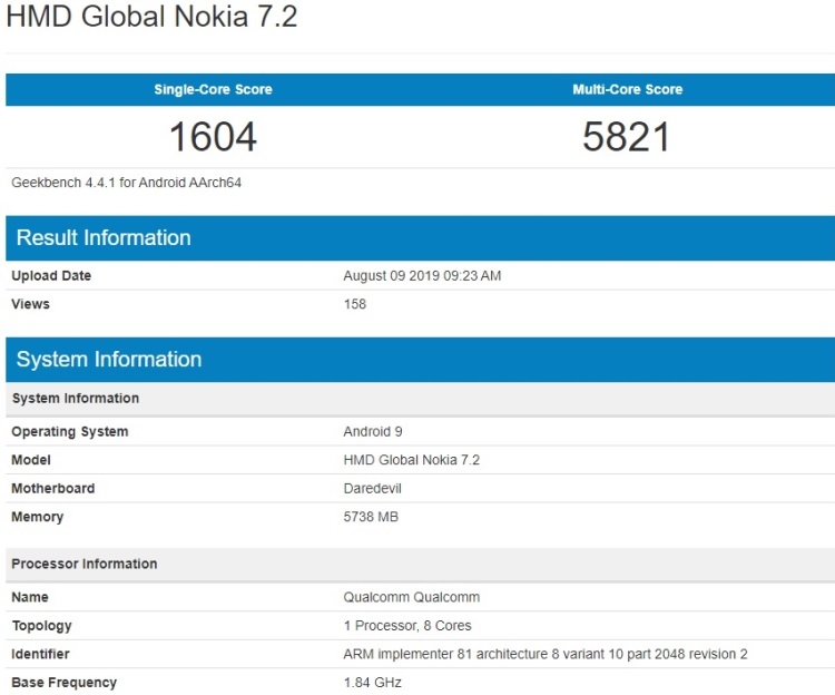 Смартфон Nokia 7.2 замечен в базе Geekbench с чипом Snapdragon 660 и 6 Гбай ОЗУ новости,смартфон,статья