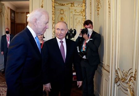 U.S. President Joe Biden and Russia's President Vladimir Putin meet for the U.S.-Russia summit at Villa La Grange in Geneva, Switzerland June 16, 2021. Sputnik/Mikhail Metzel/Pool via REUTERS ATTENTION EDITORS - THIS IMAGE WAS PROVIDED BY A THIRD PARTY.