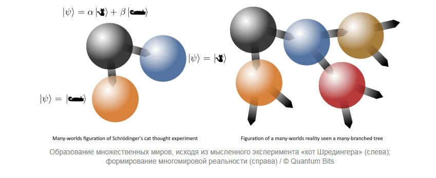 Интерпретации квантовой механики. Многомировая интерпретация квантовой механики. Эксперимент о Мультивселенных. Кот Шредингера схема эксперимента.