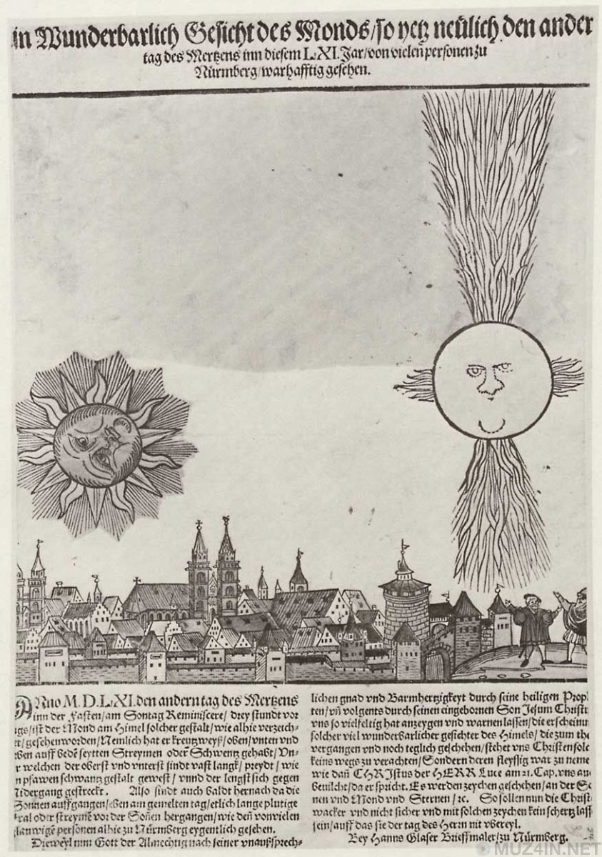 Небесное сражение над Нюрнбергом 14 апреля 1561 года явление, между, произошло, которые, Многие, Нюрнберге, странные, видели, Глейзера, такие, Глейзер, небесах, солнца, чтобы, знаки, покаянию, событие, копья, цилиндры, столбы