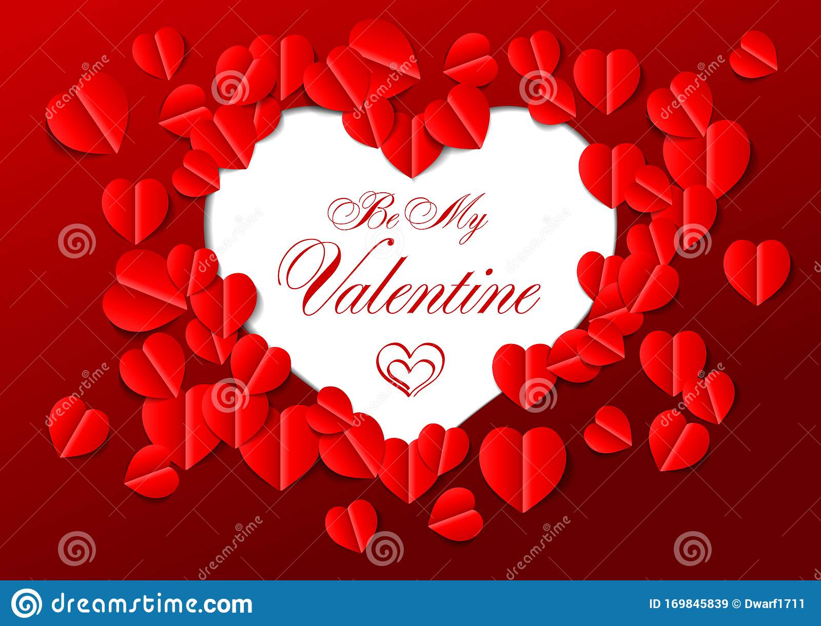 Dark red Be My Valentine card vector template with 3D red paper cutout hearts. Cute card, banner, flyer, poster, voucher or greeting card. 