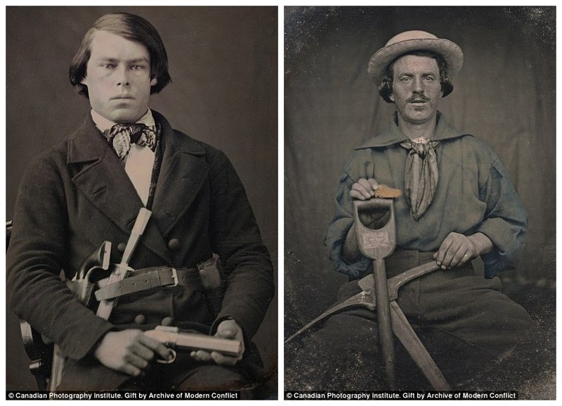 В Калифорнию тогда стекались самые разные люди - и такие, как мужчина слева, позирующий с пистолетами и ножами, и такие, как старатель Дэниэл Дж. Батлер, у которого в руках огромный золотой самородок 19 век, архивные снимки, архивные фотографии, золотая лихорадка, золотодобыча, калифорния, раскрашивание, чёрно-белые фото