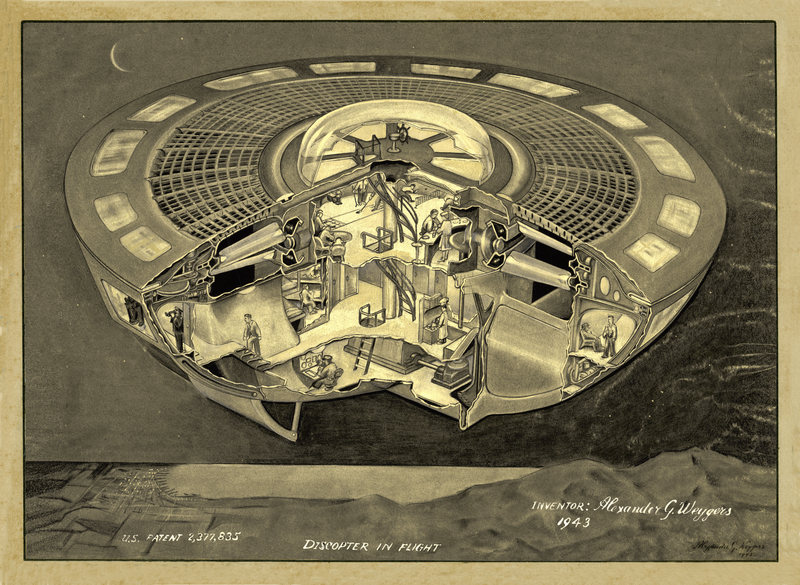 An articulated view of a Discopter in flight, floating through the night sky above the San Francisco Bay.