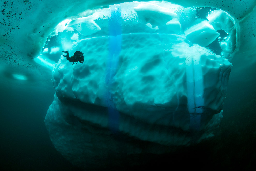 Stunning photos show ice dive beneath giant iceberg Stunning photos show ice dive beneath giant iceberg
