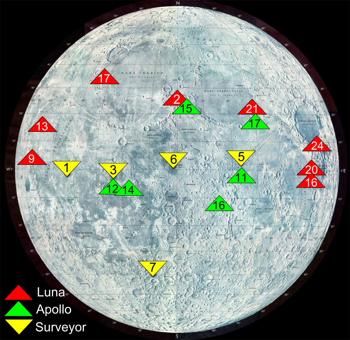 Места прилунения аппаратов по программам «Луна» (СССР), «Сервейер» (США) и «Аполлон» (США).