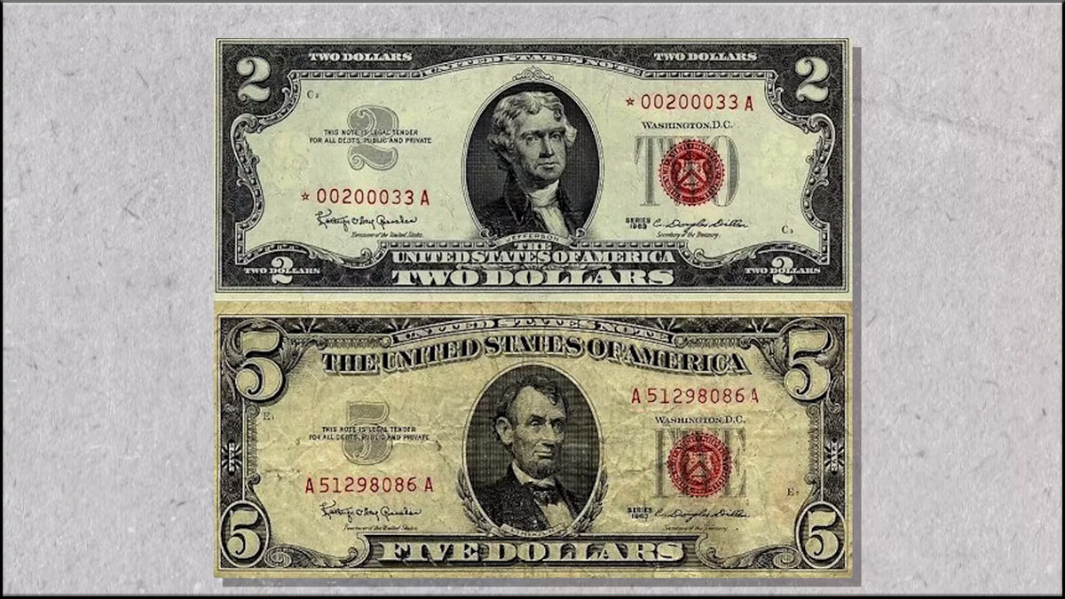 Банкноты достоинством в $2 и $5